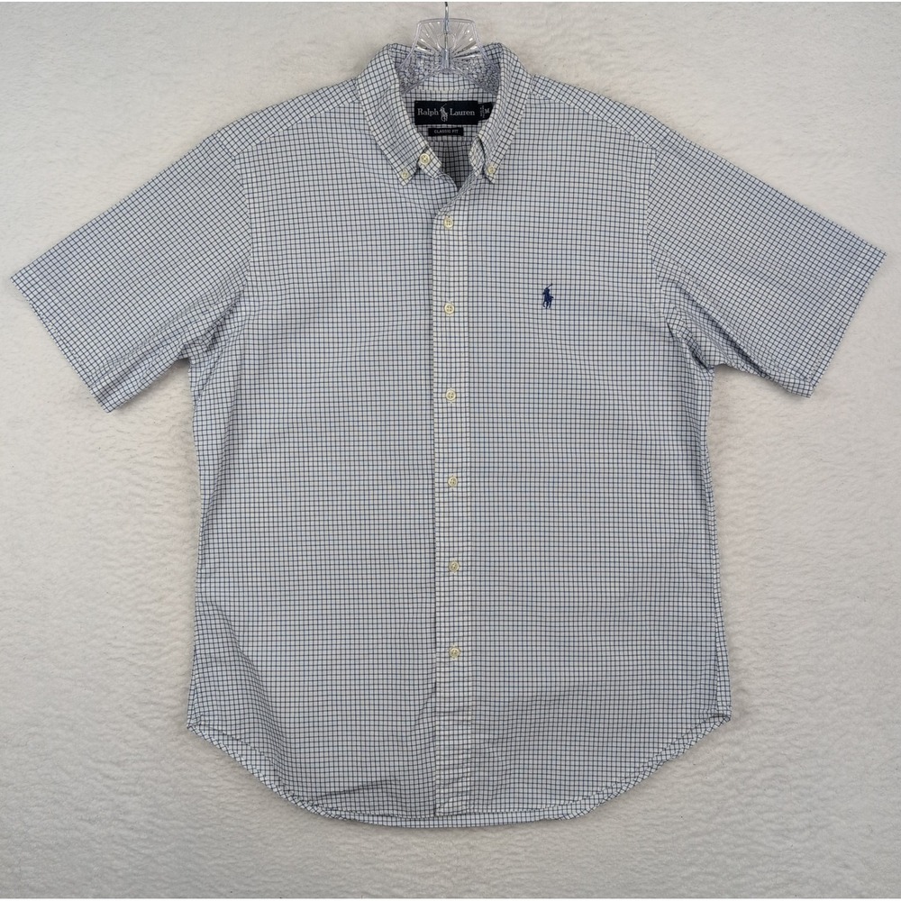Ralph Lauren Shirt Men's Medium‎ White Blue Check Short Sleeve Button Down